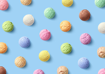 Colorful pattern of different ice cream scoops on blue background