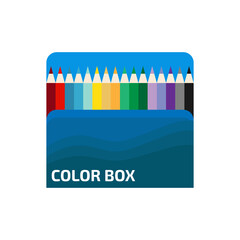 Box of wooden color pencils on white background. Flat vector illustration.
