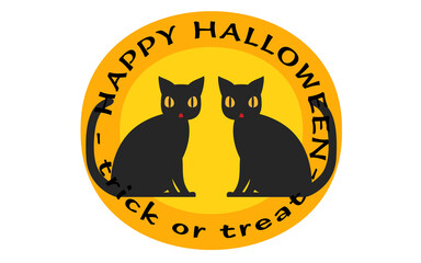 ハロウィンのアイコン、鏡合わせの2匹の黒猫、手描き風