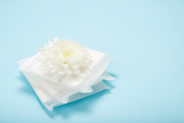 Female cotton pads and flowers on a blue background.