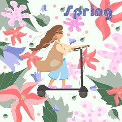 Obraz na płótnie Canvas spring girl scooter flowers plants nature nature twig day illustration art background greeting card season warm grass beginning flowering leaves