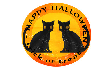 ハロウィンのアイコン、鏡合わせの2匹の黒猫、手描き風