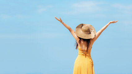 Summer Vacation. Lifestyle woman raise arm and hand on wave relax and happy on beach tropical...