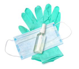 bottle of cream, lotion, sanitizer or liquid soap, latex rubber glover and protective mask isolated on white background