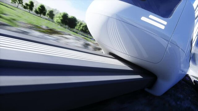 futuristic sci fi monorail train. Concept of future. Futuristic city background. Grass field. 4K realistic animation.