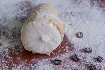 White vanilla ice cream in a waffle glass. Ice cream close-up. Cold dessert