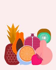 Mix of ripe tropical fruits isolated on a light background, vector illustration. Strawberry, pineapple, pear, kiwi, pomegranate, citrus, papaya.