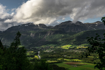 Green valley in the mountains, village, summer, Hemsedal, Norway.