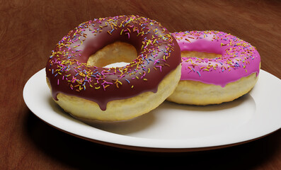 unhealthy but tempting sugary dessert - two yummy and delicious donuts with colored sprinkles one chocolate and one pink icing on white plate - calories and sugar abuse