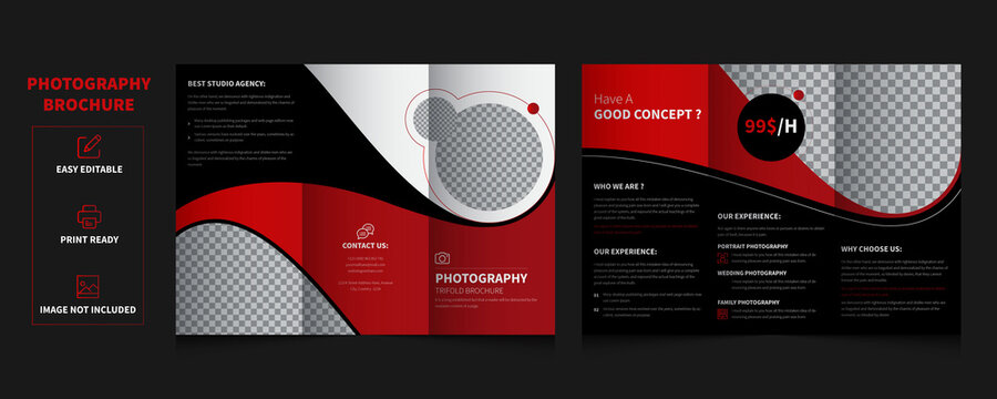 Design Photography Portfolio trifold, vector template brochures, flyers, presentations, leaflet, magazine a4 size. Black and Red geometric elements trifold brochure - vector