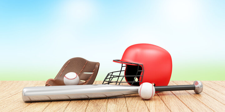 Set of baseball game equipment, baseball bat, red helmet, leather glove and baseball ball on wooden table