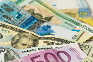 Fototapeta na wymiar Euro, dollar, tenge, ruble, hryvnia, Belarusian ruble