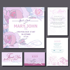 Wedding invitations card with roses flowers. RSVP card, menu design.