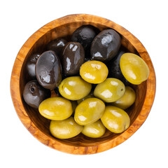 Green and black olives in wooden bowl isolated on white. Top view.