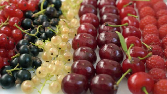 cherries and berries lie in rows on a white background