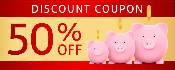 Discount coupon with family piggy bank with coin and sale text: 50% off on red and gold background. Holiday golden template useful for any promotion design, shopping sale card, voucher or gift card