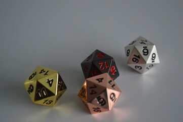 multiple d20 twenty sided dice die copper silver gold black