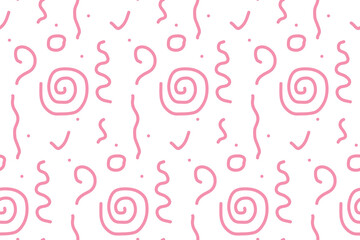 Seamless pattern with hand drawn doodles. Pink elements on white board. Backboard with spirals, doodle print. Abstract children drawing. Print for textile, gift wrapping paper, cards, web and design