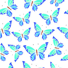 Seamless pattern with blue butterflies on a white background