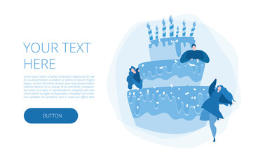 Happy people and birthday cake. Vector illustration for web banner, infographics, mobile. 