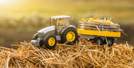 Toy tractor and cart with hay at sunset
