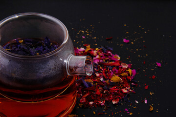 Different types of coffee and enough types and drinks in the black background in the top view,...