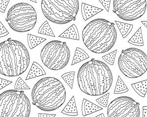 Pattern of watermelons and slices of watermelons. Coloring with watermelons.