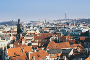 Fototapeta na wymiar cityscape of Prague on a sunny and cold winter day with blue sky
