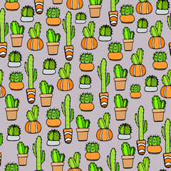 Cactus seamless pattern on the gray background