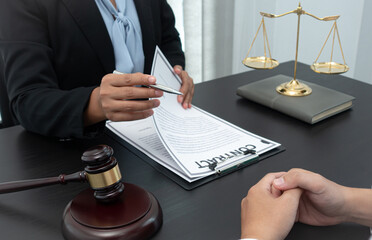 Lawyer or counselor works in the courtroom and negotiates with clients or complainants seeking justice on land encroachment, Law that validity and justice concept.