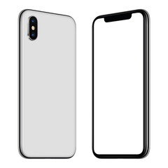 Rotated smartphone mockup front and back side. New modern white frameless rotated smartphone mockup with blank white screen and back side facing each other. Isolated on white background.