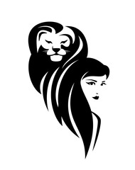 beautiful woman with long hair and lion head portrait black and white vector design