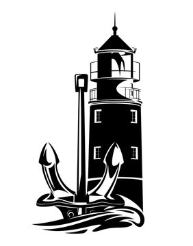 lighthouse tower, anchor and sea wave - sea voyage adventure black and white vector design