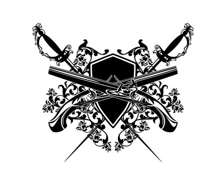 crossed pistols and epee swords with heraldic shield among rose flowers - antique style duel club black and white vector coat of arms design