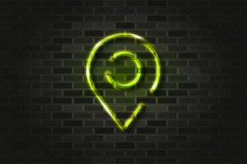 Location, gps map pointer glowing neon sign or glass tube on a black brick wall. Realistic vector art