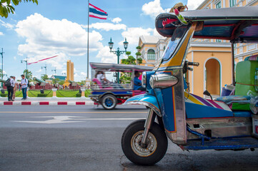 Blue Tuk Tuk, a traditional local taxi in Bangkok, Thailand