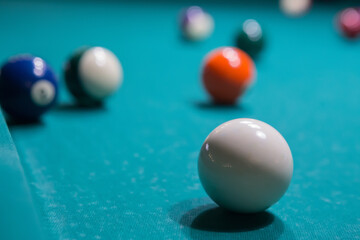 Colored billiard balls on a pool table.