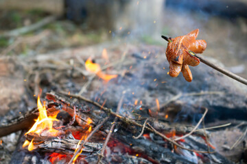 Sausage on stick frying on camp fire. Picnic on the forest . Grill weekend. Beautiful weather as created for toasting.
