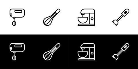 Mixer type icon set. Flat design icon collection isolated on black and white background. Hand mixer, manual, stand, electric.