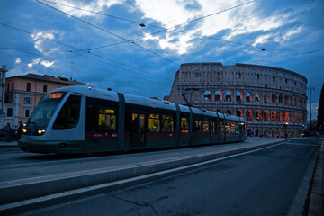 coliseum and the tram in Rome, Italy, Lazio.