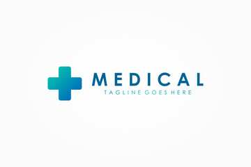 Obraz premium Healthcare Medical Logo. Blue Green Gradient Cross Plus Sign Health Symbol Pharmacy Icon isolated on White Background. Flat Vector Logo Design Template Element.
