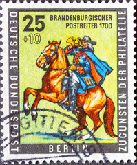 GERMANY, Berlin - CIRCA 1956: a postage stamp from Germany, Berlin showing Brandenburg Post rider around 1700th day of postal stamp