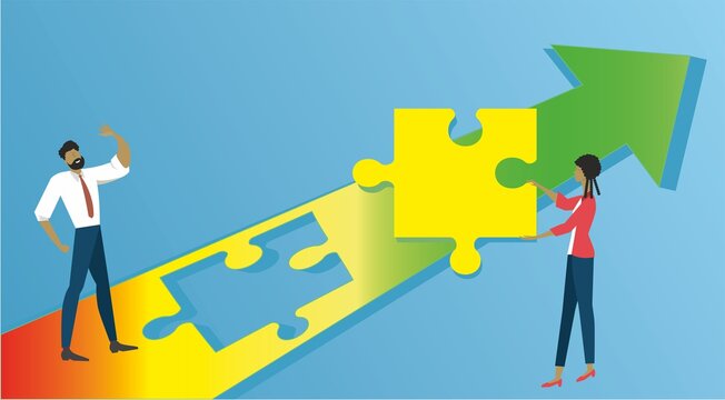 Support to reach success. Arrow upwards with missing puzzle piece, solution with support. Vector illustration. 16:9 dimension.