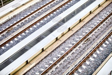 Naklejka premium Railroad elements. Modern railways infrastructure. Railway transportation. railway transportation in the city. rails. Railroad tie. Straight Railways.