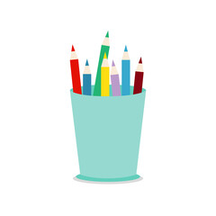 Colored pencils in a glass for office. Flat vector illustration isolated on white background.