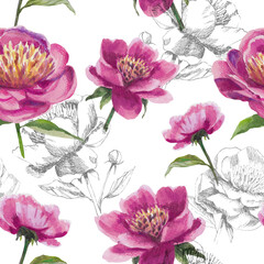 Pink peonies seamless watercolor pattern