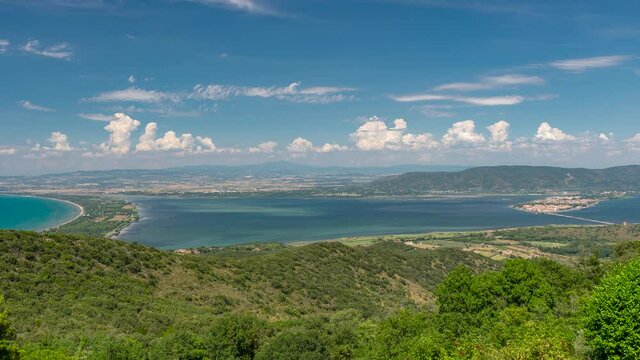 Beautiful aerial view of Orbetello and the Lagoon from the convent of the Passionist Fathers with time lapse motion, Grosseto, Italy