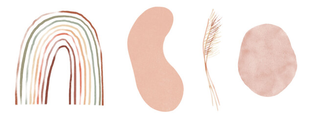 Set of flat geometry architecture elements, Moroccan stairs, walls, arch, arc, palm. Boho style.