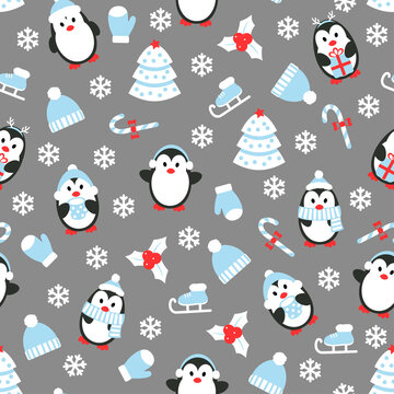 Christmas seamless pattern with cute handdrwn penguins, Christmas tree, skates and winter clothes. Vector illustration.