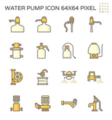 Water pump icon and other fluid such as chemical, oil. Variety type such as diaphragm, centrifugal, rotary, screw and well pump. Using for drinking, chemical spraying, oil industry and water supply.